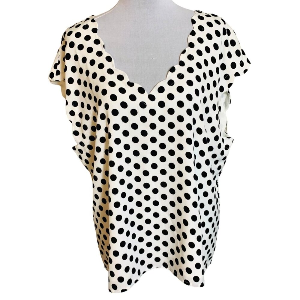 Express Womens Polka Dot Scalloped V Neck Blouse Size XL V Back Cap Sleeve Top